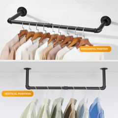 2pcs Wall Mount Pipe Clothes Rack Heavy Duty Black Garment Hanging Bar 4pcs Hook