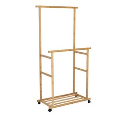 Double Hanging Rod Wooden Clothes Rack Portable Rolling Garment Rack Organizer