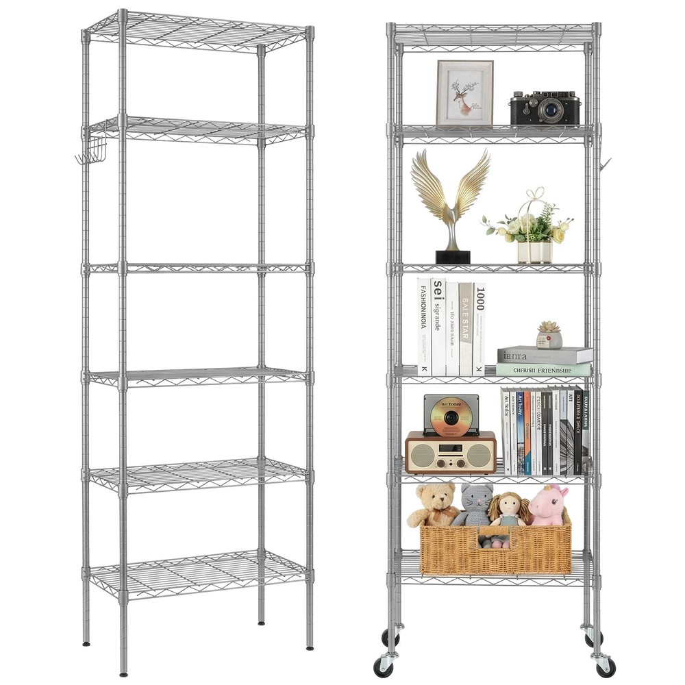 6 Tier Wire Shelving Unit 65″ x 21″ x 12″ Storage Shelf Standing w/ Wheels Hook