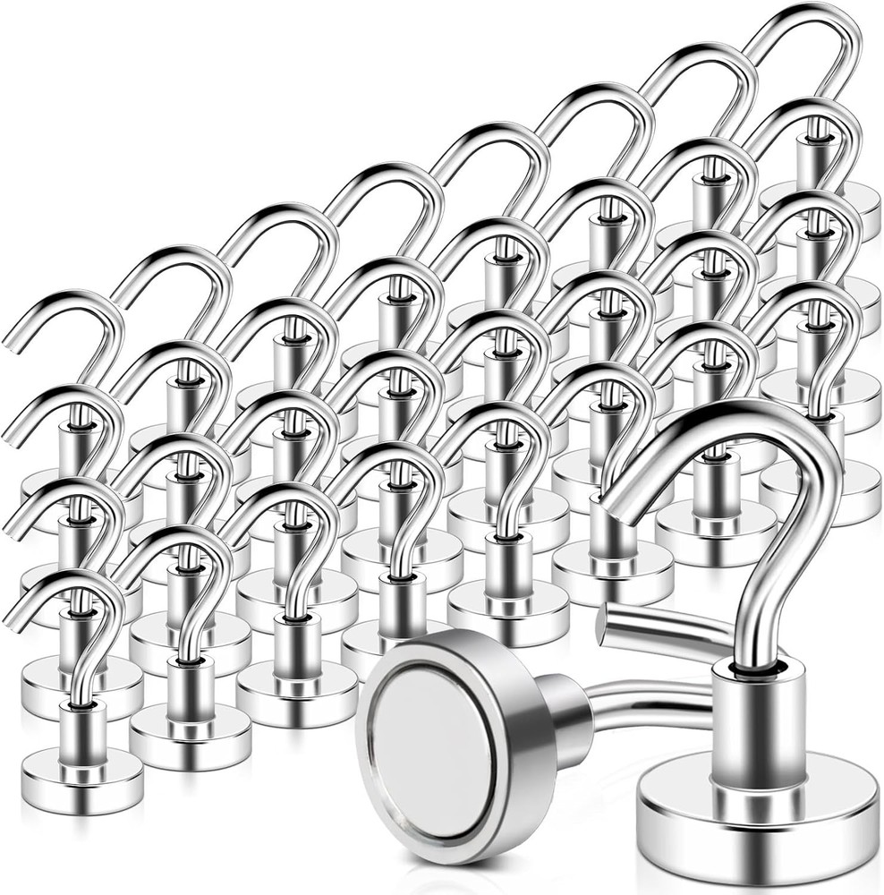 32 Pack Magnetic Hooks Heavy Duty, 25 lbs Strong Magnet 16mm_32pcs, Silver