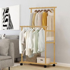 Rolling Bamboo Clothes Rack Clothing Storage Shelf Wardrobe Rack w/ Double Rails