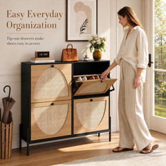Rattan Shoe Storage Cabinet 4 Flip Down Doors Narrow Entryway Hallway Organizer
