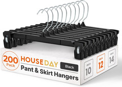 Black Pants Hangers 50 Pack, 12 Inch Skirt Hangers with Non-Slip Big Clips and 3