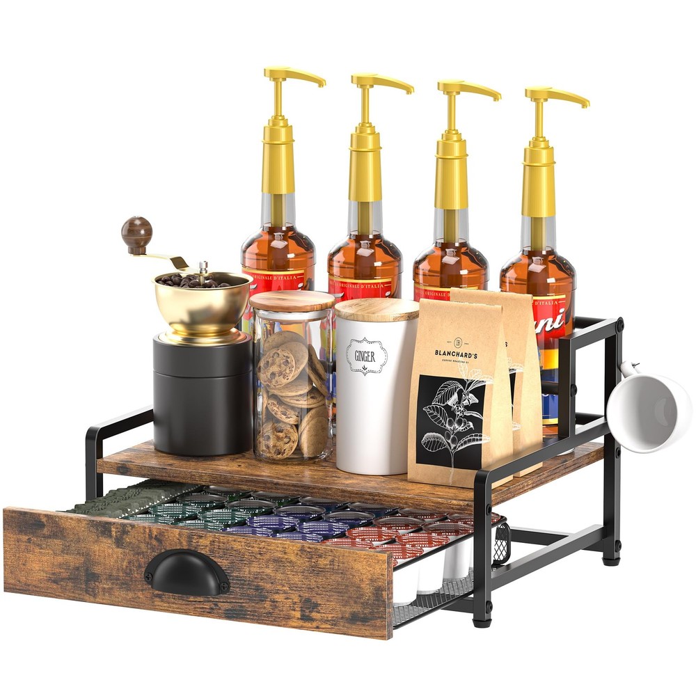 Coffee Syrup Rack Organizer, 4.3″D x 15.9″W x 9.1″H, 2tier & Rustic Brown