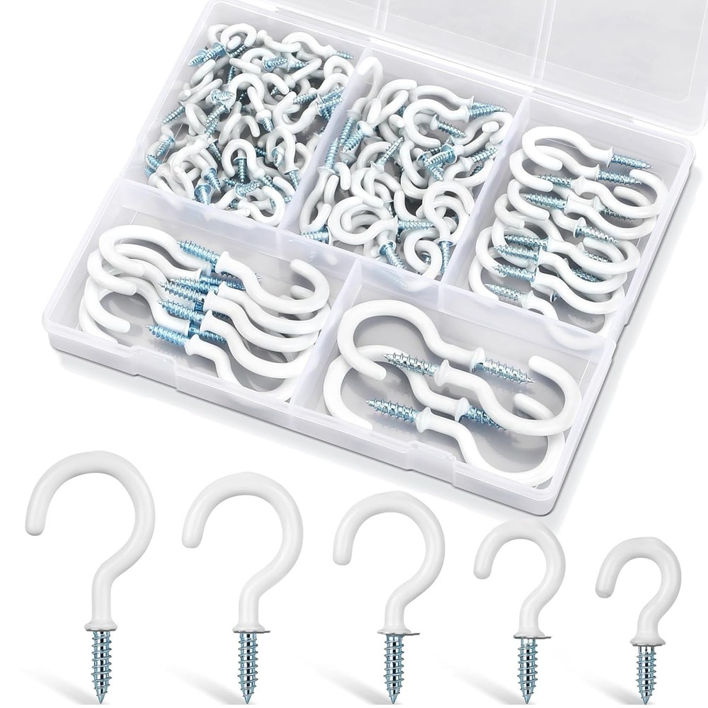 110Pcs Premium Screw Hooks 5 Sizes White Vinyl Coated Cup Hook from1/2 in Small