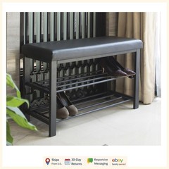 Cushioned Storage Bench for Shoes with Metal Frame and Faux Leather Top