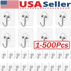 1~500 PCS Stainless Steel Adhesive Sticky Hooks Heavy Duty Wall Hook Hangers lot