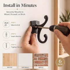 6 Pack Cast Iron Hooks Rustic Black Double Wall Hooks 35lb Capacity Farmhouse…