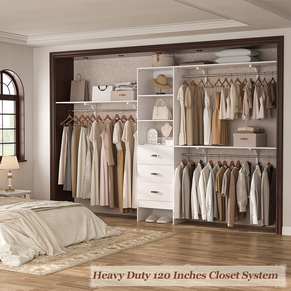 120″ Walk-in Closet Organizer System with 3 Hanging Rods ＆ 3 Shelves ＆ 3 Drawers