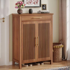 43 In. H X 32 In. W Brown Wood Shoe Storage Cabinet with Adjustable Shelves and