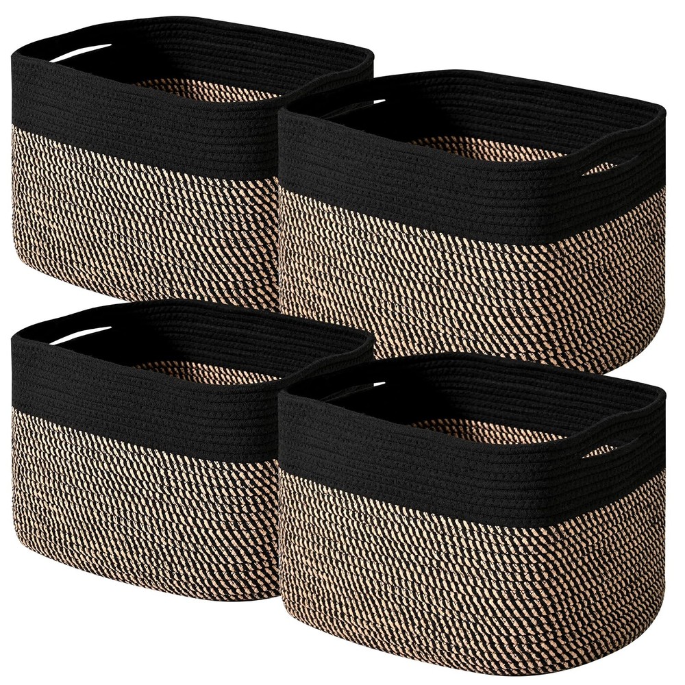 4 PCS Storage Baskets Shelves Woven Cotton Rope 12.5×9.1×7.9 Inch Black Jute