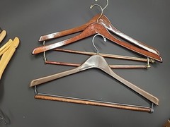 Lot – 9 Vintage Wooden & Plastic Suit Hangers – Dark Cherry & Maple Tones