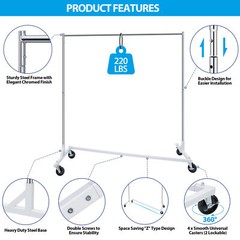Z-Base Clothes Rack Garment Rack Rolling Storage Garment Shelf Silver Sturdy