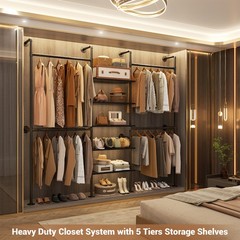 6.42FT Industrial Pipe Clothing Rack, Reversible Corner Closet System w/ 5 Shelv
