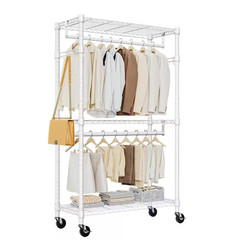 White 3 Tiers Heavy Duty Steel Rolling Clothes Rack with 2 Rods and Side Hooks,