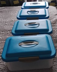 Lot of 4 Sterilite 1894 Blue Show Offs Storage Totes Hinge Handle Lid 14x9x6