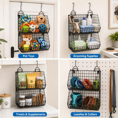 2-Tier Metal Dog Storage Organizer – Wall-Mounted Pet Toy Basket (Black)