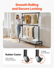 Clothes Rack, Rolling Clothing Garment Rack with Adjustable Crossbar and Side Ho