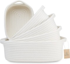 NaturalCozy 5-Piece Rectangle Storage Basket Set- Natural Cotton Rope Woven f…