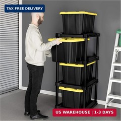 Sterilite 4 Tier Tote Rack, Vertical Plastic Organizer with 4 Pack 27 Gallon Ind