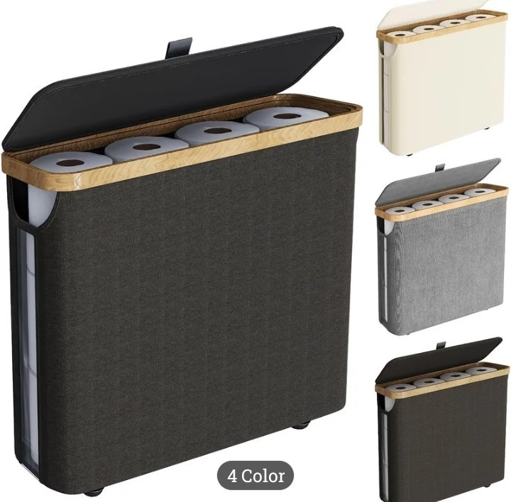 Foldable Bamboo Lid Waterproof Basket for Toilet Paper, 4 Colors, Holds 12 Rolls