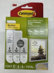 Command Brand 3M Picture Hanging Strips, Large Medium Small 18 Total *BIG PACK