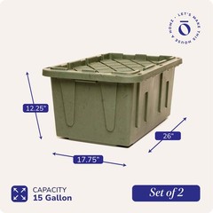 Homz 15 Gallon Durabilt Home Storage Container with Snap Lid, Green (2 Pack)