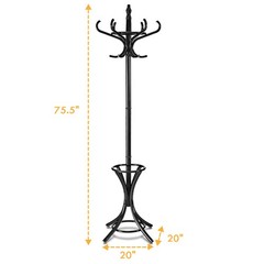 Wood Standing Hat Coat Jacket Bag Hanger with Umbrella Stand & 12 Hooks Black