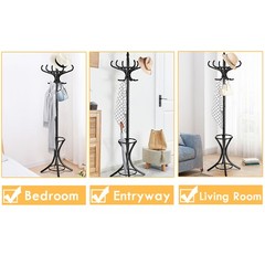 Wood Standing Hat Coat Jacket Bag Hanger with Umbrella Stand & 12 Hooks Black