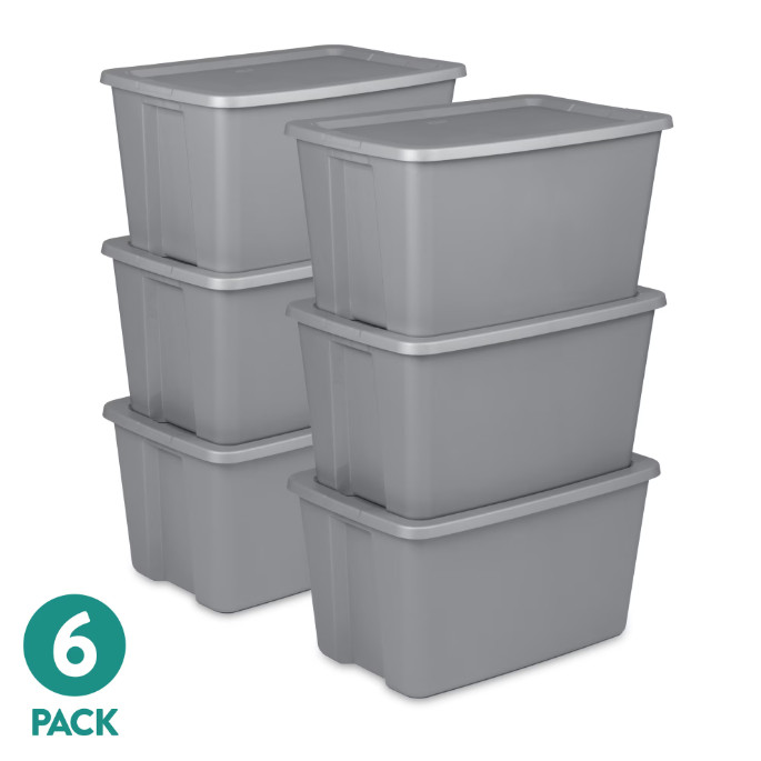 6 Pack Sterilite 30 Gallon Extra Large Storage Tote Snap-On Lid Gray Plastic Bin
