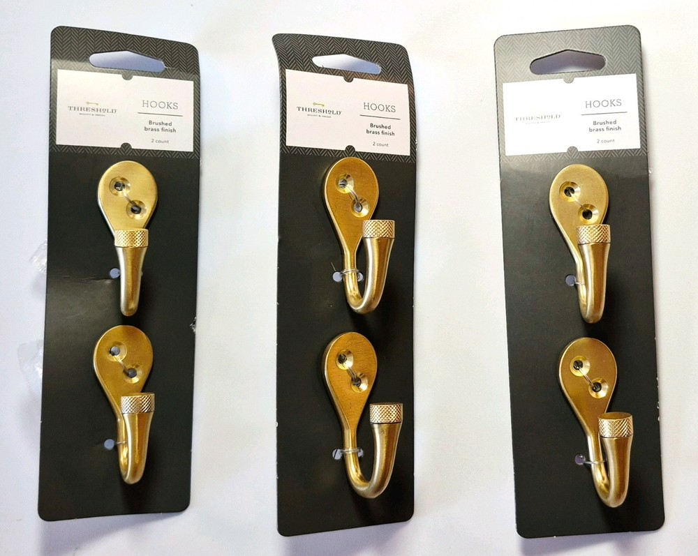 THRESHHOLD Brushed Brass Metal Wall Hooks Gold Traditional 2 Pack