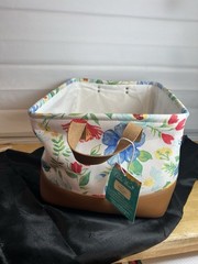 2 Pioneer Woman Patchwork Medley Canvas Basket Faux Leather Handles & Bottom New