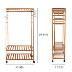 Freestanding Bamboo Clothes Rail Shelf Rolling Garment Closet Organizer Stand