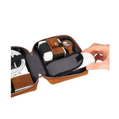 Genuine Leather Portable Electronic Organizer Travel Cable Storage Bag Cord Case