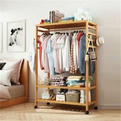 Freestanding Bamboo Clothes Rail Shelf Rolling Garment Closet Organizer Stand