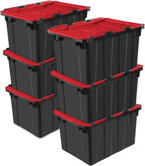 6 Pack Stackable 12 Gal Totes with Hinged Lids – Black/Red Storage Bins