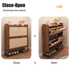 Walnut Wooden Shoe Storage Cabinet with Flip-Up Drawer (9.25 In. D X 31.5 In. W