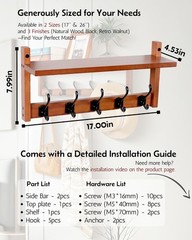 17 Inch Wooden Coat Rack Wall Mount Shelf 5 Metal Hooks Hanging Retro Walnut