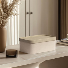 Ivory Fluted Cardboard Storage Baskets with Vegan Leather Lids, Set of 3