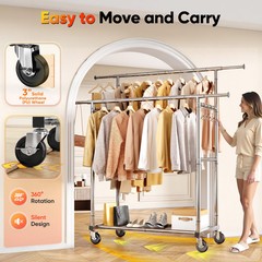 HOKEEPER 450lbs Heavy Duty Double Rails Clothes Rack with Shelves Wheels Silver