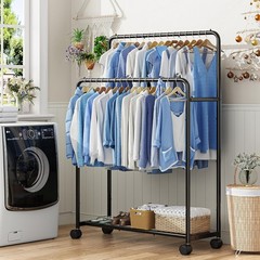 Clothing Clothes Rack Double Rods with Wheels, Rolling Metal Garment Rack for Ha