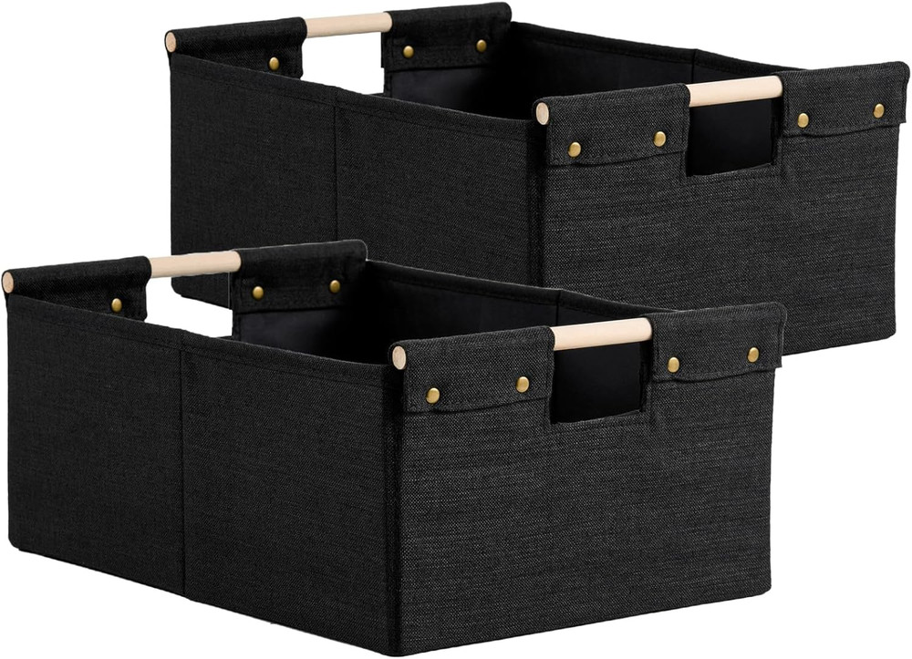 2PCS Black Cotton Linen Storage Bins with Wooden Handles – Foldable & Washable