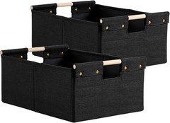 2PCS Black Cotton Linen Storage Bins with Wooden Handles – Foldable & Washable