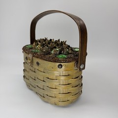 Vintage Jolles Original Woven Basket Gem Flowers Wood Handle