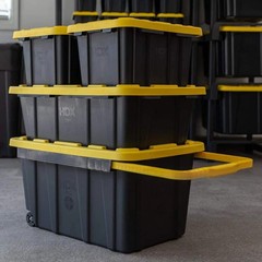 27 Gal. Tough Storage Tote with Wheels and Handle in Black and Yellow