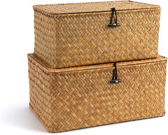 Set of 2 Natural Seagrass Storage Baskets with Lids for Home Organization
