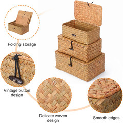 Set of 3 Natural Seagrass Wicker Baskets with Lids for Stylish Storage