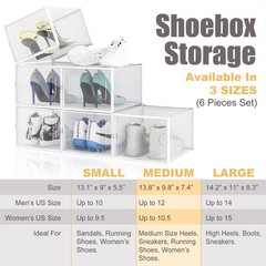 6PCS MED Foldable Stackable Plastic Shoe Box Storage Organizer Transparent Case