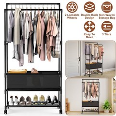 3-Tiered Garment Rack w/ Storage Bag Rolling Clothes Organizer Dual Rods Hanging