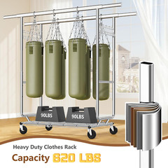 2-Minute Assembly Double Rod Clothes Rack, Heavy Duty Rolling Clothing Racks wit